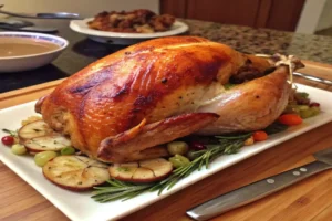 A homemade slow-cooked turkey served on a rustic wooden table, showcasing tender, juicy slices. The dish looks delicious and inviting.