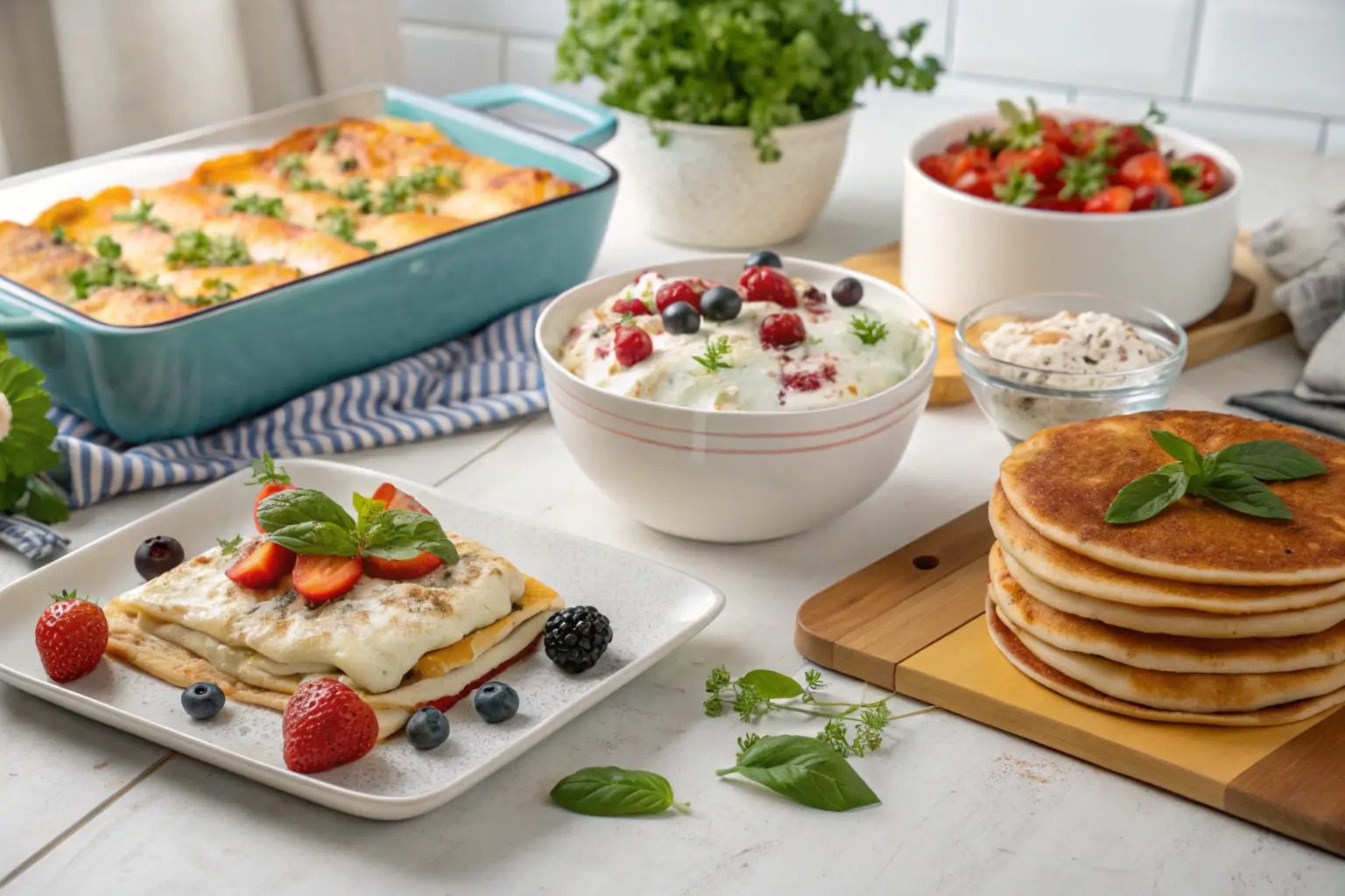 A table spread with cottage cheese dishes, including lasagna, parfaits, and pancakes, styled with fresh herbs in a bright kitchen.