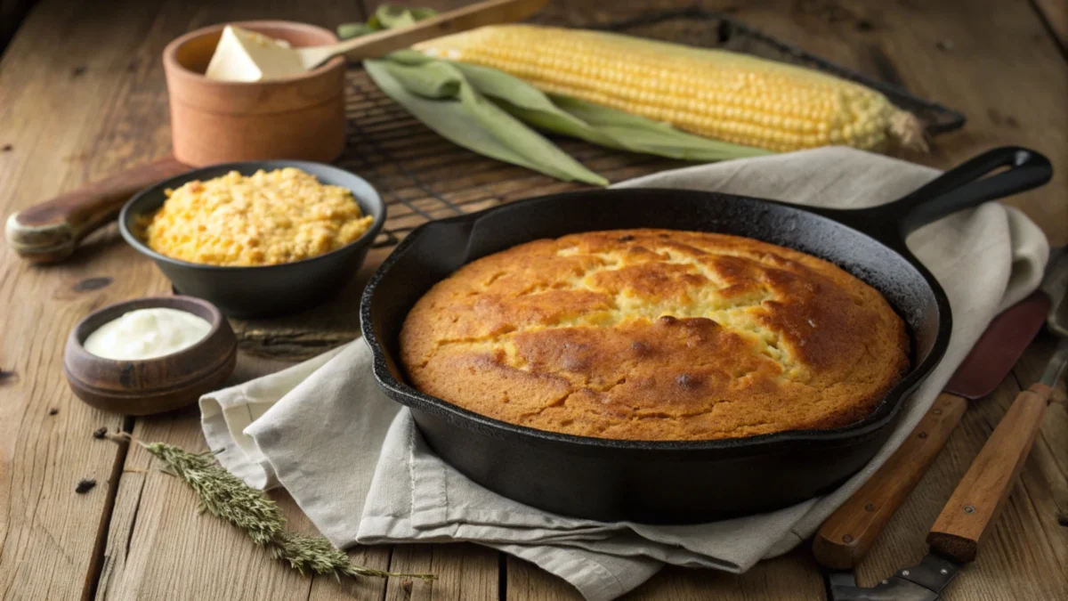 Golden Southern cornbread in a cast iron skillet on a rustic wooden table.