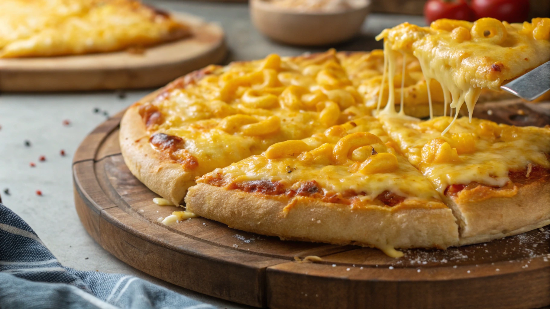 Freshly baked mac and cheese pizza with golden crust and gooey melted cheese on a wooden board.