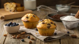 Golden-brown muffins with mix-ins like blueberries and chocolate chips, placed on a rustic wooden table with baking tools in the background.