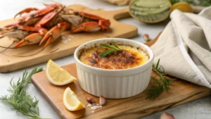 Caramelized crab brulee served in a ramekin, garnished with dill and a lemon wedge, surrounded by fresh crab and herbs on a wooden board.