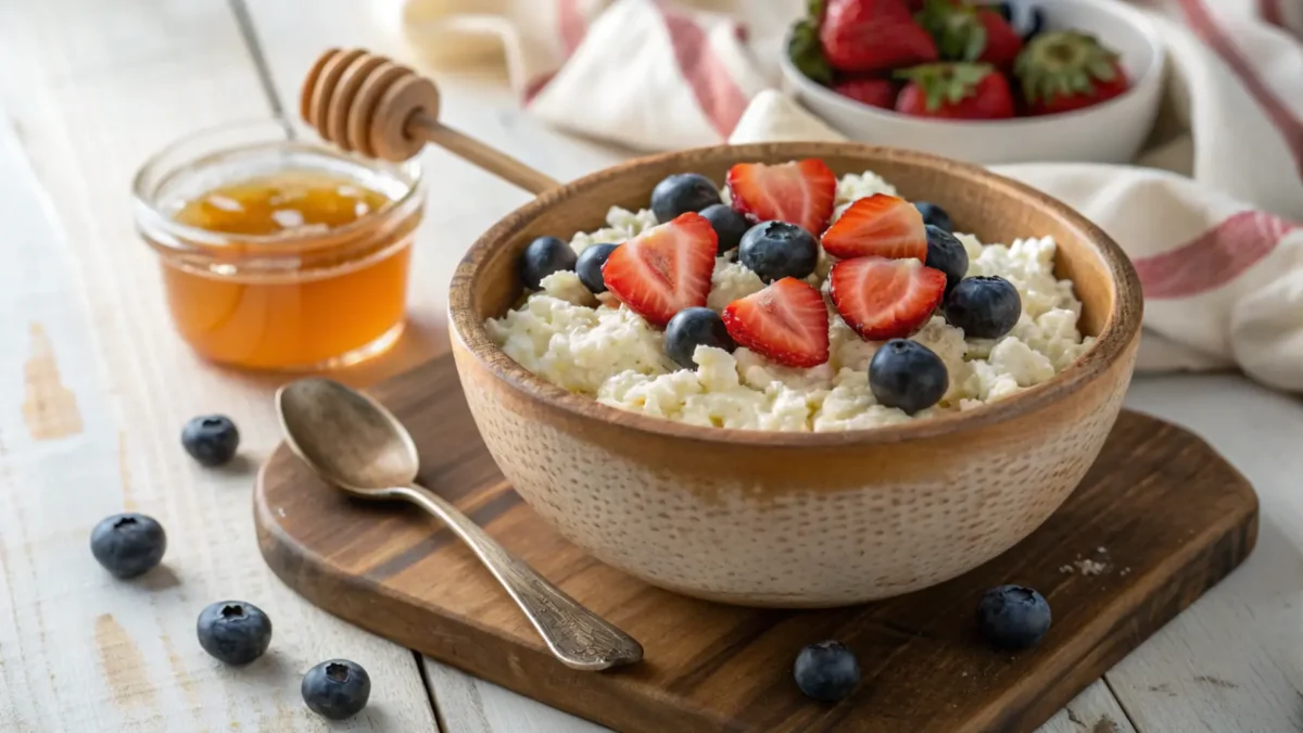 Bowl of cottage cheese with fresh fruit and honey.