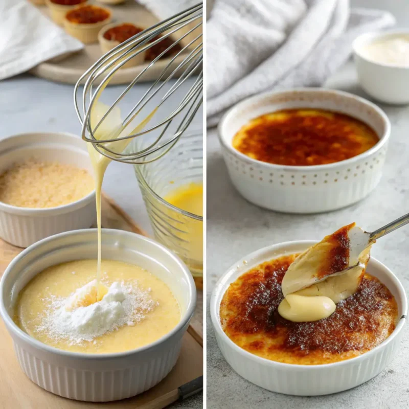 Step-by-step process for preparing crème brûlée and custard, from whisking to caramelizing.