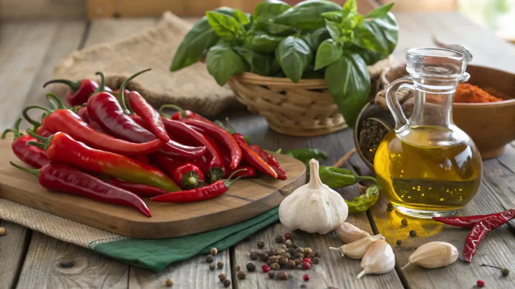 Fresh and dried Calabrese peppers on a rustic wooden table, surrounded by garlic, olive oil, and basil, showcasing their Mediterranean roots.