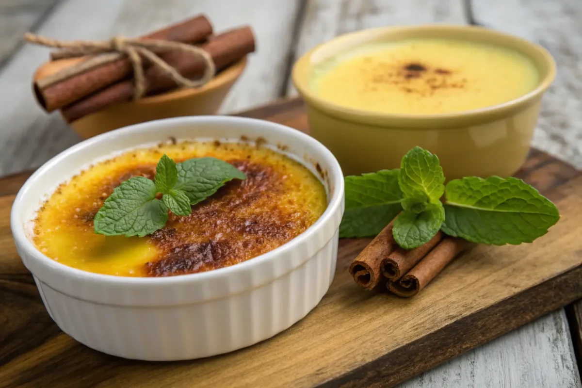 difference between crème brûlée and custard : Crème brûlée with caramelized sugar topping and custard garnished with cinnamon on a wooden table.
