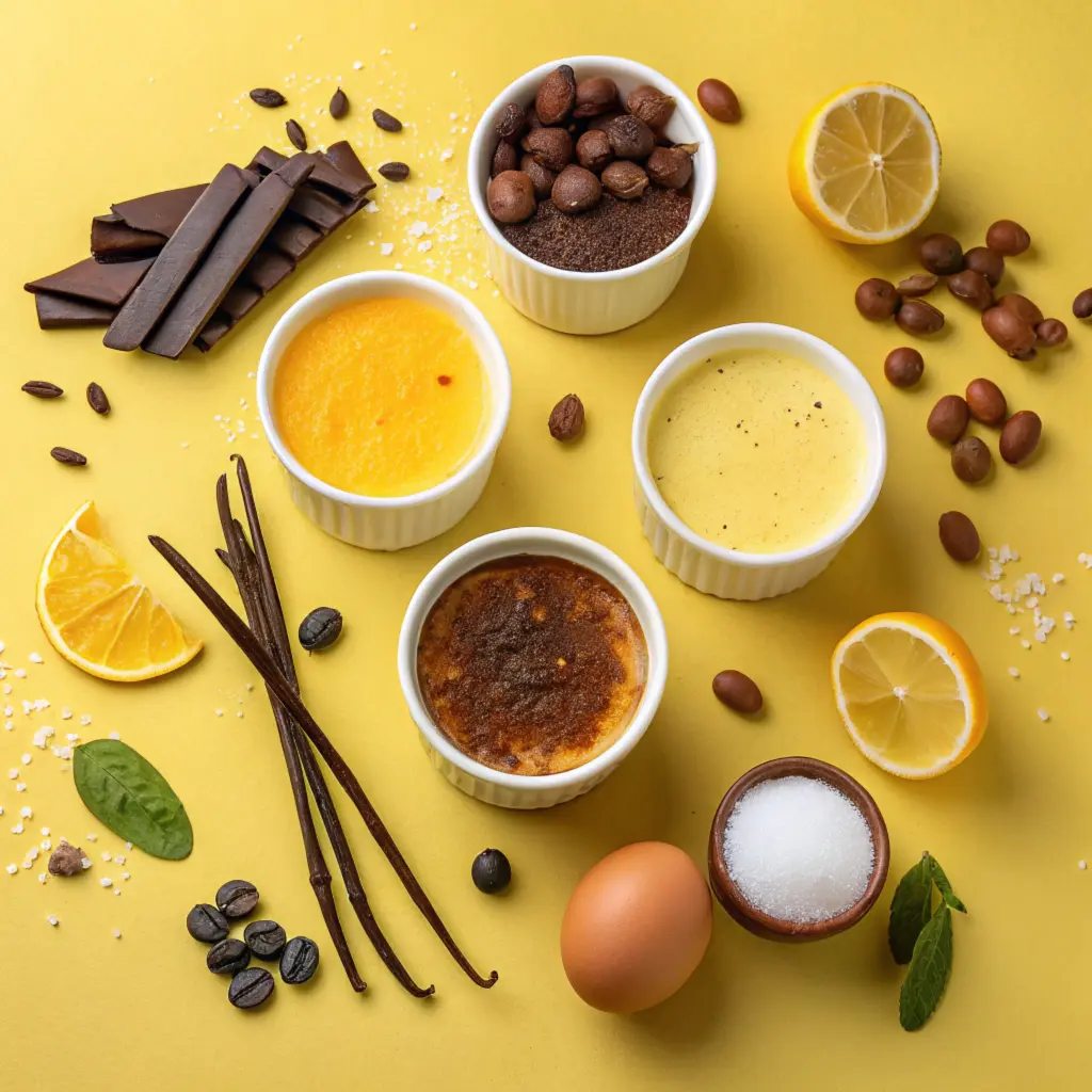 Creative flat lay of crème brûlée and custard variations with vanilla beans, chocolate, and citrus ingredients.