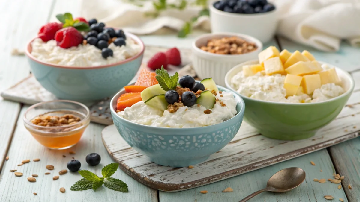 A spread of cottage cheese bowls with fruits, vegetables, and toppings on a rustic table.