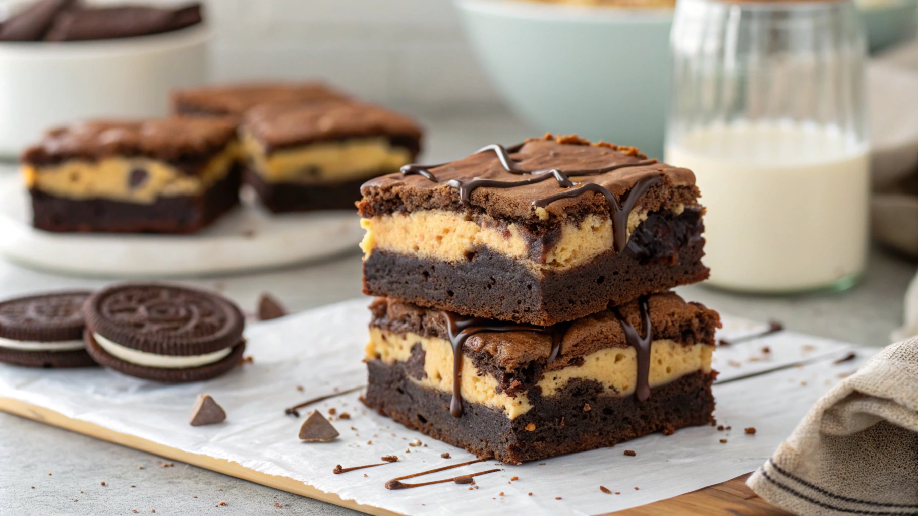 The brownies are cut into thick squares showing