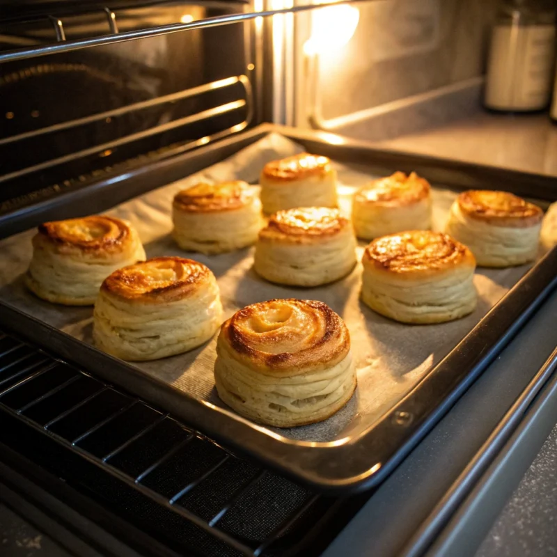 What things should we avoid with puff pastry? Puff pastry rising in the oven, forming delicate, flaky layers while baking evenly.