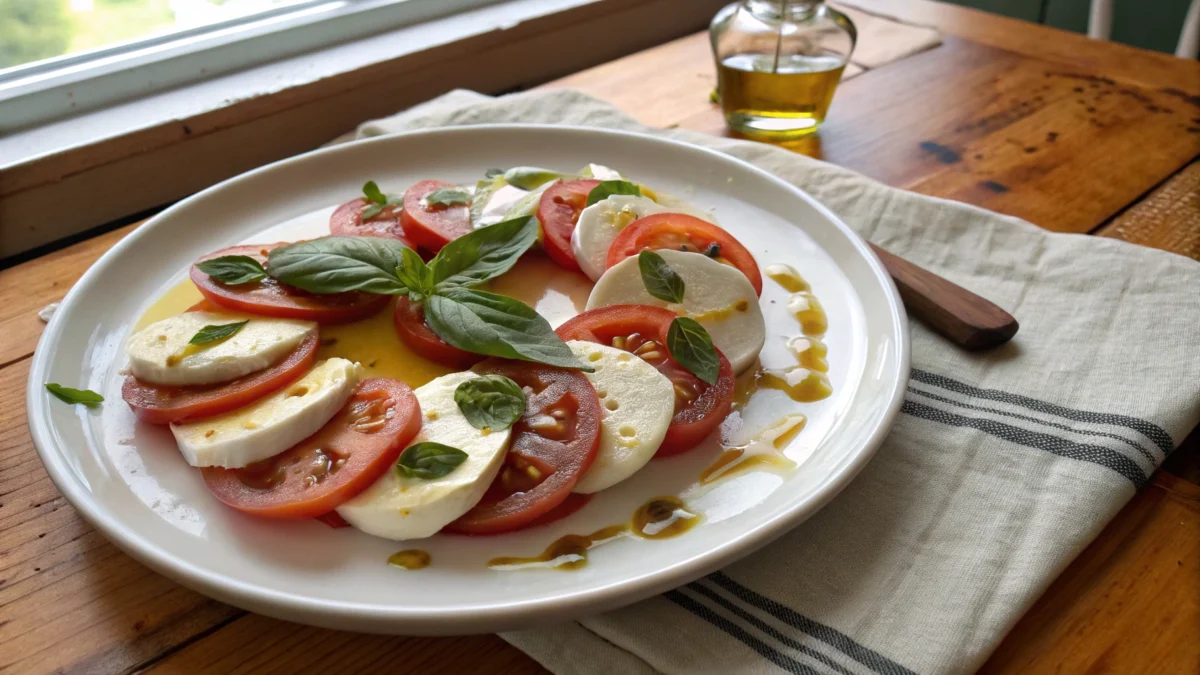 A beautifully plated Heart-Shaped Caprese Salad with fresh tomatoes, mozzarella, and basil, drizzled with olive oil and balsamic glaze.