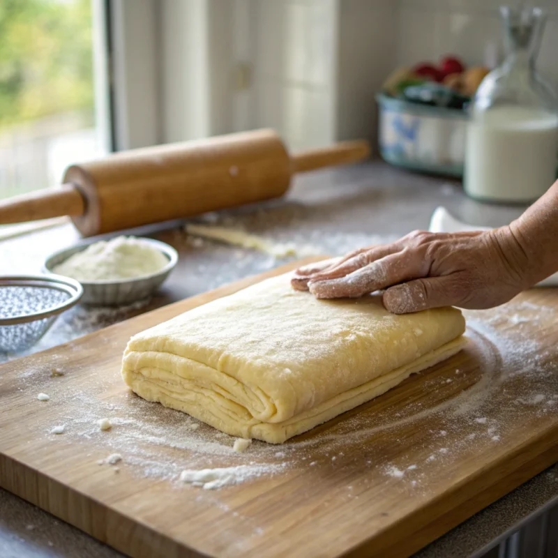 What things should we avoid with puff pastry? A baker checking thawed puff pastry dough on a wooden surface to ensure proper texture before rolling.