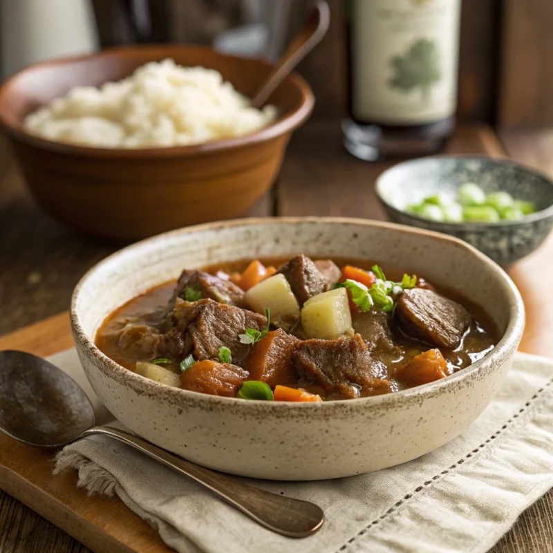 A steaming bowl of keto beef stew with slow-cooked beef, turnips, and celery in a rich, flavorful broth.