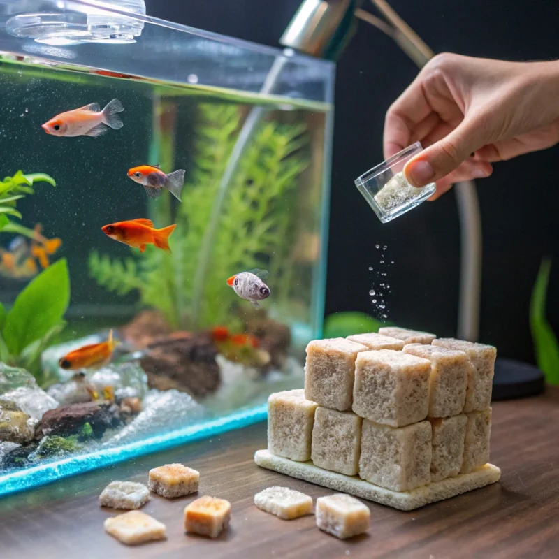 A person feeding homemade fish food cubes to colorful freshwater fish in a well-maintained aquarium.
