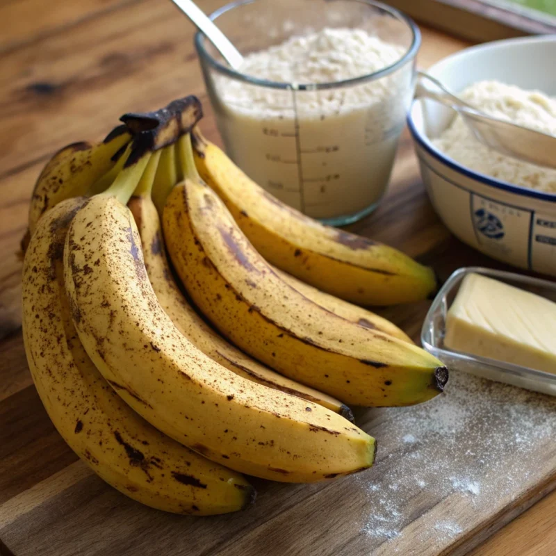 A bunch of ripe bananas with brown speckles—avoiding underripe fruit is key to preventing common mistakes when making banana bread.