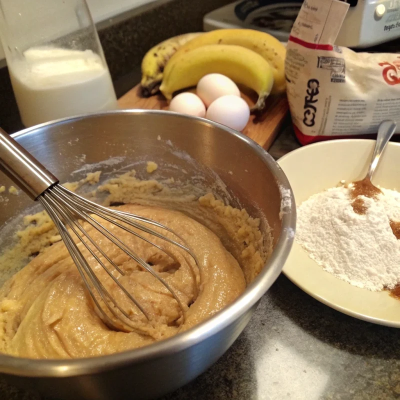 Overmixed banana bread batter in a bowl with a whisk, appearing thick and dense, surrounded by baking ingredients.