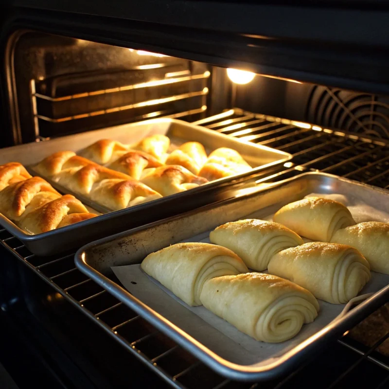Crescent rolls and puff pastry baking in the oven, showing rising dough vs. flaky layers. Is Crescent Dough Puff Pastry?