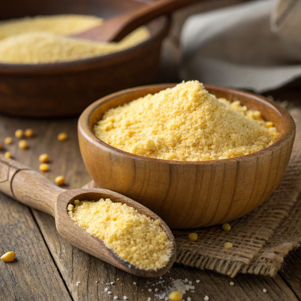 Stone-ground cornmeal in a wooden bowl with a scoop highlighting its coarse texture.