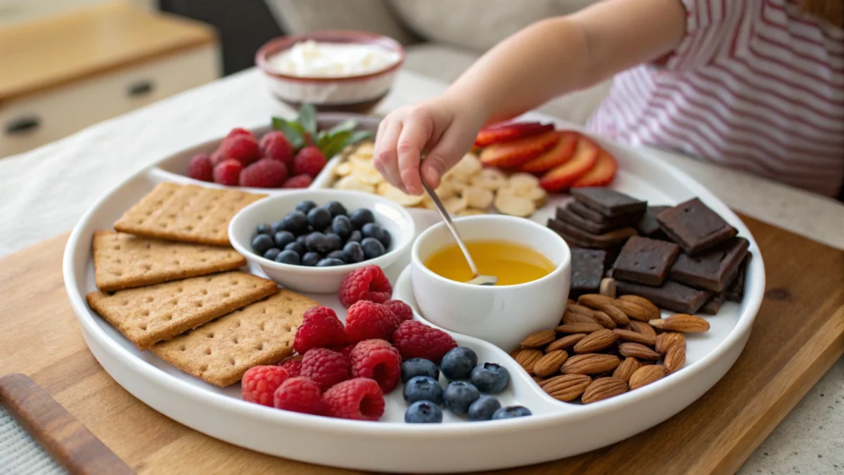 A nutritious and colorful platter of Brain Food Snacks for Kids, including berries, whole-grain crackers, yogurt, nuts, and dark chocolate.