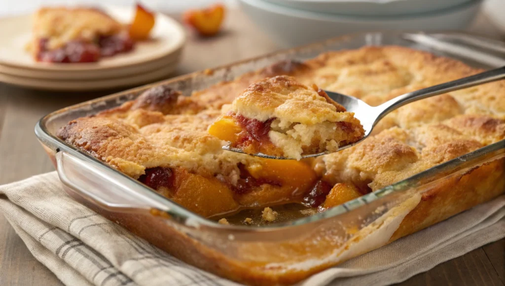 Why is my dump cake still powdery? A freshly baked, golden dump cake with a gooey fruit filling being scooped out.