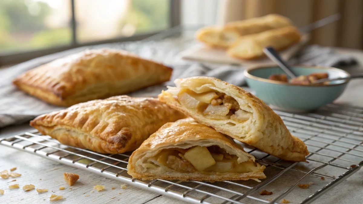 What things should we avoid with puff pastry? A golden, flaky puff pastry turnover with visible layers, resting on a cooling rack.