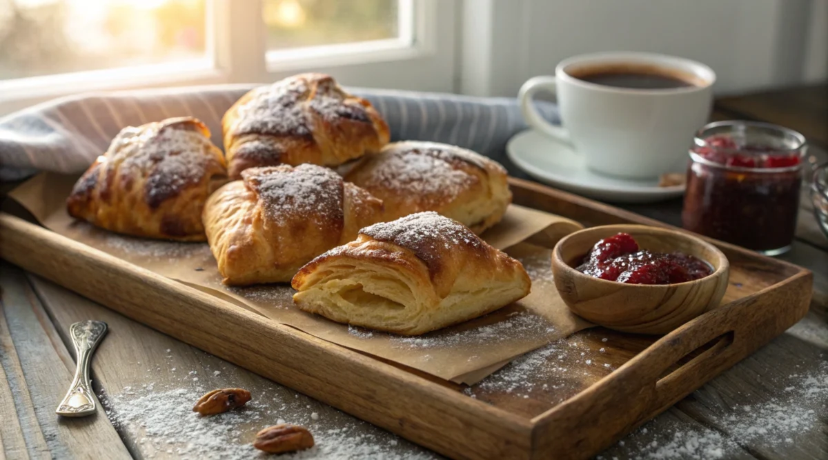 Golden brown Swiss Gipfeli recipe pastries on a rustic wooden tray, freshly baked with flaky layers, served with coffee and jam.