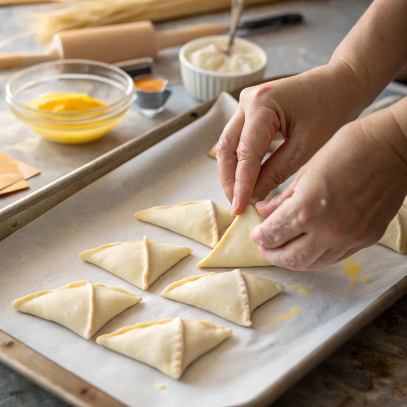 Hands rolling Gipfeli recipe dough into crescent shapes on a baking sheet, preparing the pastries for proofing and baking.
