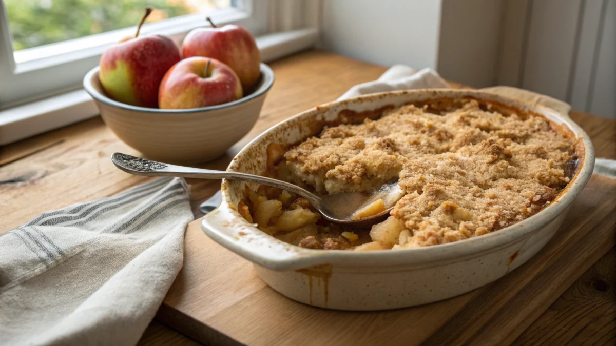 What is crumble made of? A freshly baked apple crumble with a golden, crumbly topping and caramelized fruit filling in a rustic dish.