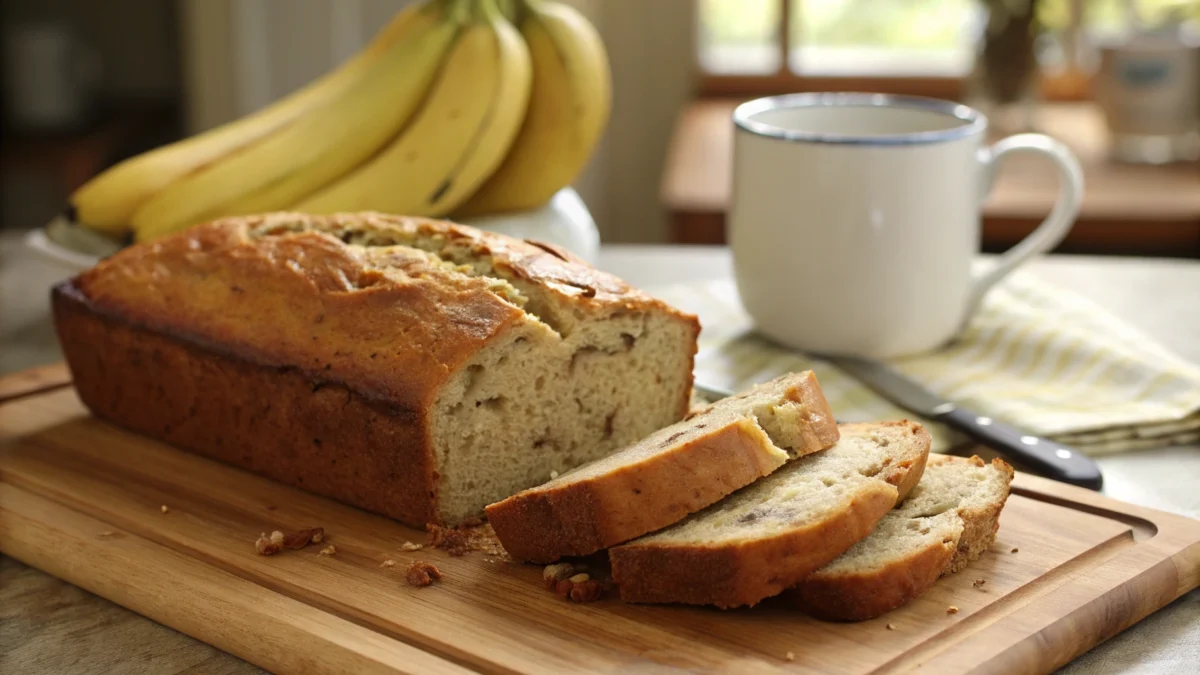 A perfectly baked banana bread loaf with a moist, fluffy interior, sliced and served on a wooden cutting board.
