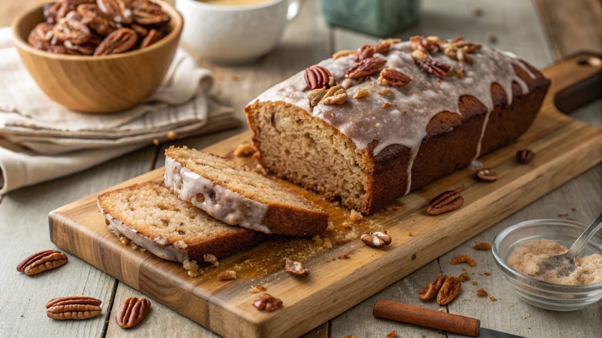 Freshly baked Cinnamon Sweet Alabama Pecanbread loaf with a glaze, sliced to show its moist texture and pecan-filled interior.