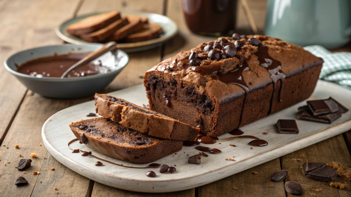 A freshly baked loaf of hot fudge brownie bread sliced open, showing its gooey chocolate center with a drizzle of hot fudge on a rustic kitchen counter.