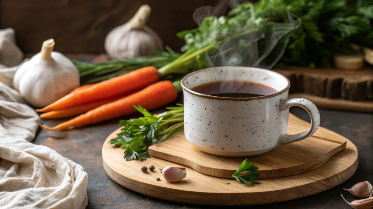 A cup of steaming bone broth with herbs and vegetables on a rustic table.