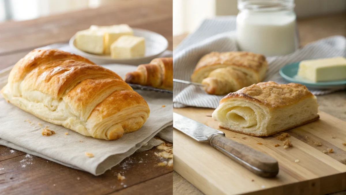 A side-by-side comparison of freshly baked crescent rolls and puff pastry, highlighting texture differences. Is Crescent Dough Puff Pastry?