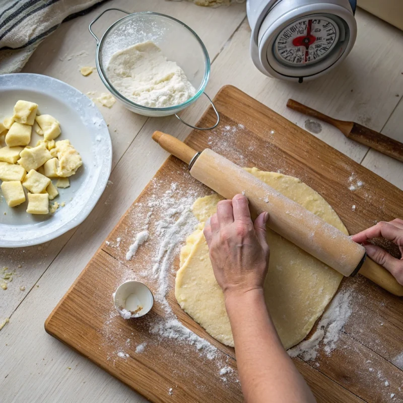 Rolling out Gipfeli recipe dough on a floured surface, layering cold butter for perfect flaky layers, step-by-step pastry preparation.