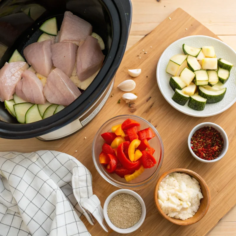 Raw ingredients for a keto crockpot recipe, including chicken thighs, zucchini, bell peppers, and spices, ready for slow cooking.
