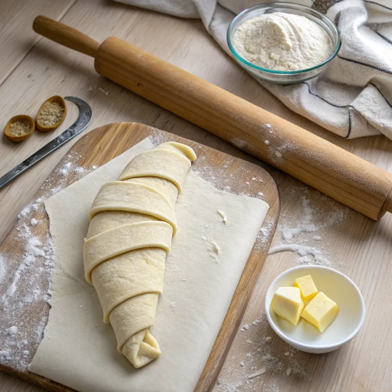 Unbaked crescent dough and puff pastry dough on a floured counter, showing texture differences. Is Crescent Dough Puff Pastry?