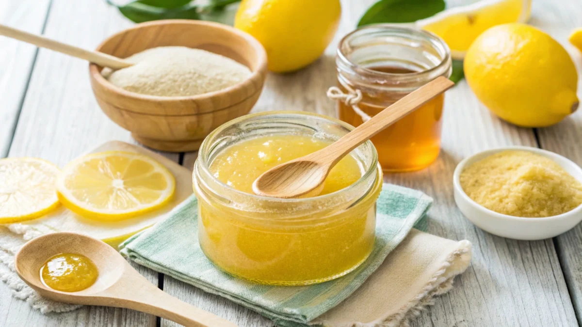 Golden sugar wax in a jar with a wooden spatula and surrounding ingredients like sugar, lemon, and water.