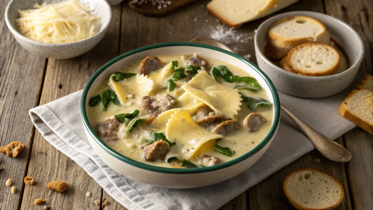 A bowl of Creamy Alfredo Lasagna Soup garnished with Parmesan cheese and parsley on a rustic wooden table.A bowl of Creamy Alfredo Lasagna Soup garnished with Parmesan cheese and parsley on a rustic wooden table.