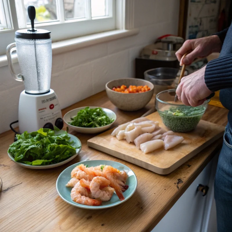 Homemade fish food preparation with fresh ingredients like shrimp, leafy greens, and fish fillets, blended into a nutritious mix