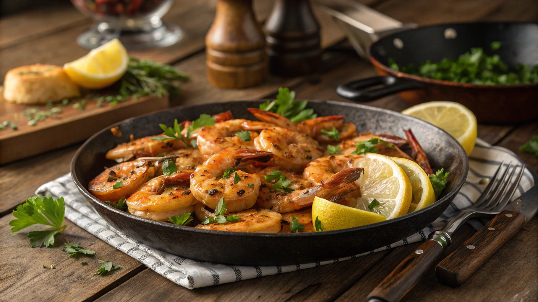 A plate of sizzling barbecue shrimp garnished with parsley and lemon wedges, served on a rustic wooden table with grilling tools in the background.