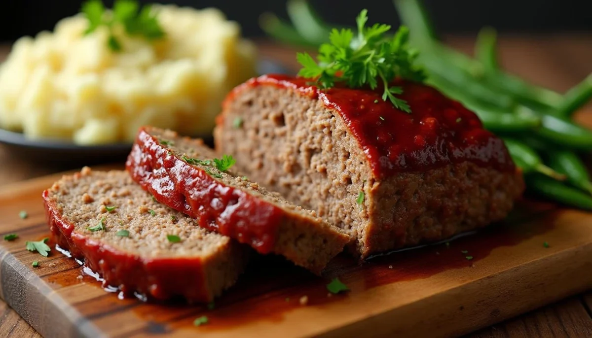 Freshly baked meatloaf with Lipton onion soup mix, garnished with parsley, surrounded by mashed potatoes and green beans.