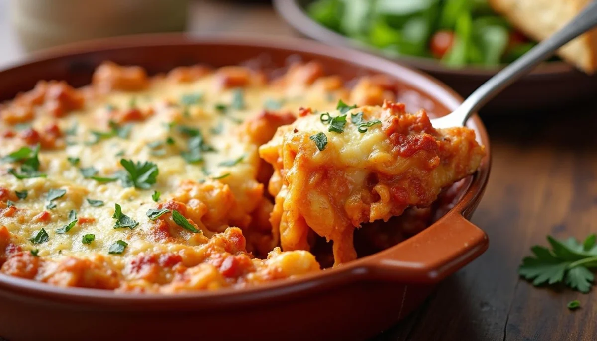 Golden-brown baked ziti casserole garnished with parsley, served with garlic bread and salad.