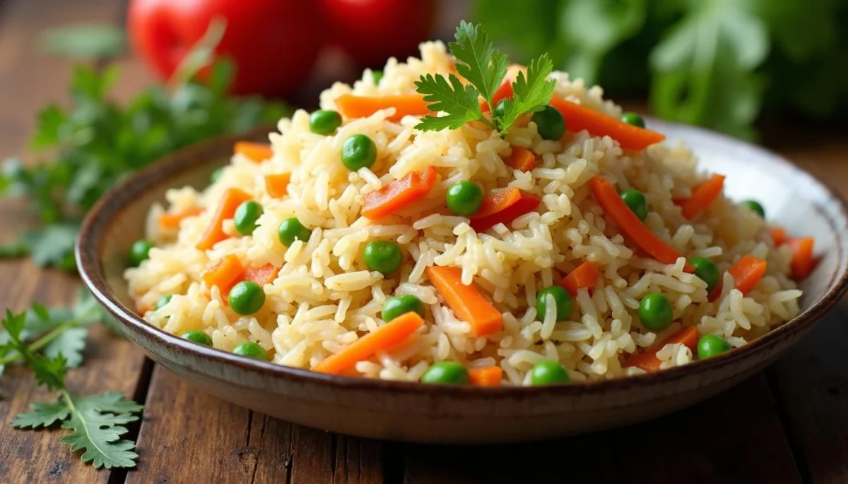 Vibrant rice dish with vegetables and garnishes on a rustic table.