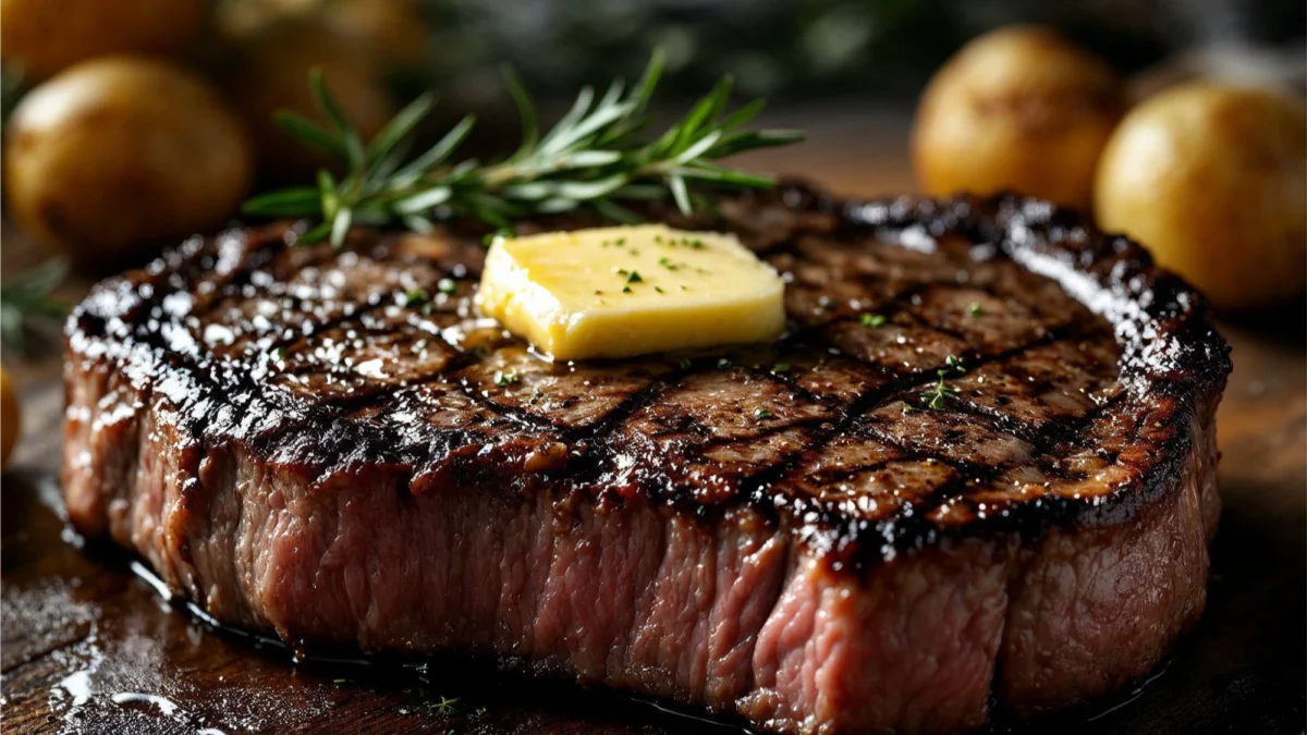 Medium-rare ribeye steak with garlic butter and rosemary.