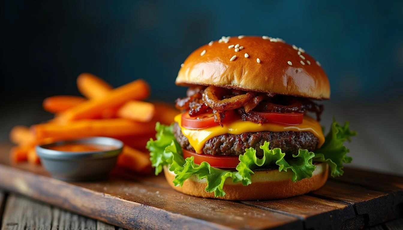 Grilled bison burger with brioche bun, caramelized onions, cheddar cheese, lettuce, and tomato alongside sweet potato fries.