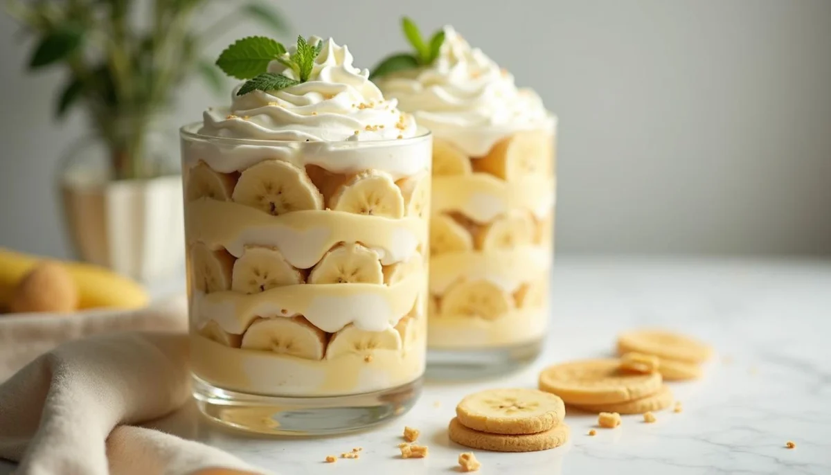 Layered banana pudding in a glass trifle dish with wafers, bananas, and whipped cream.