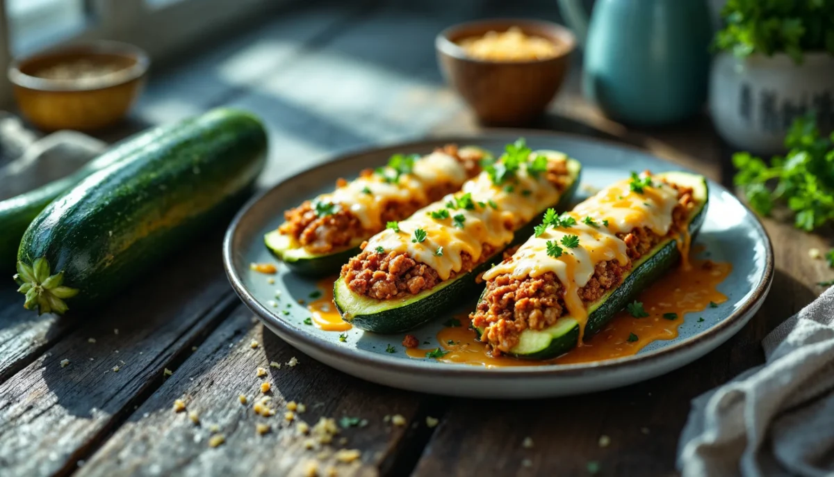 Plated turkey mince zucchini boats with melted cheese and fresh parsley, a healthy and delicious dish showcasing turkey mince recipes.