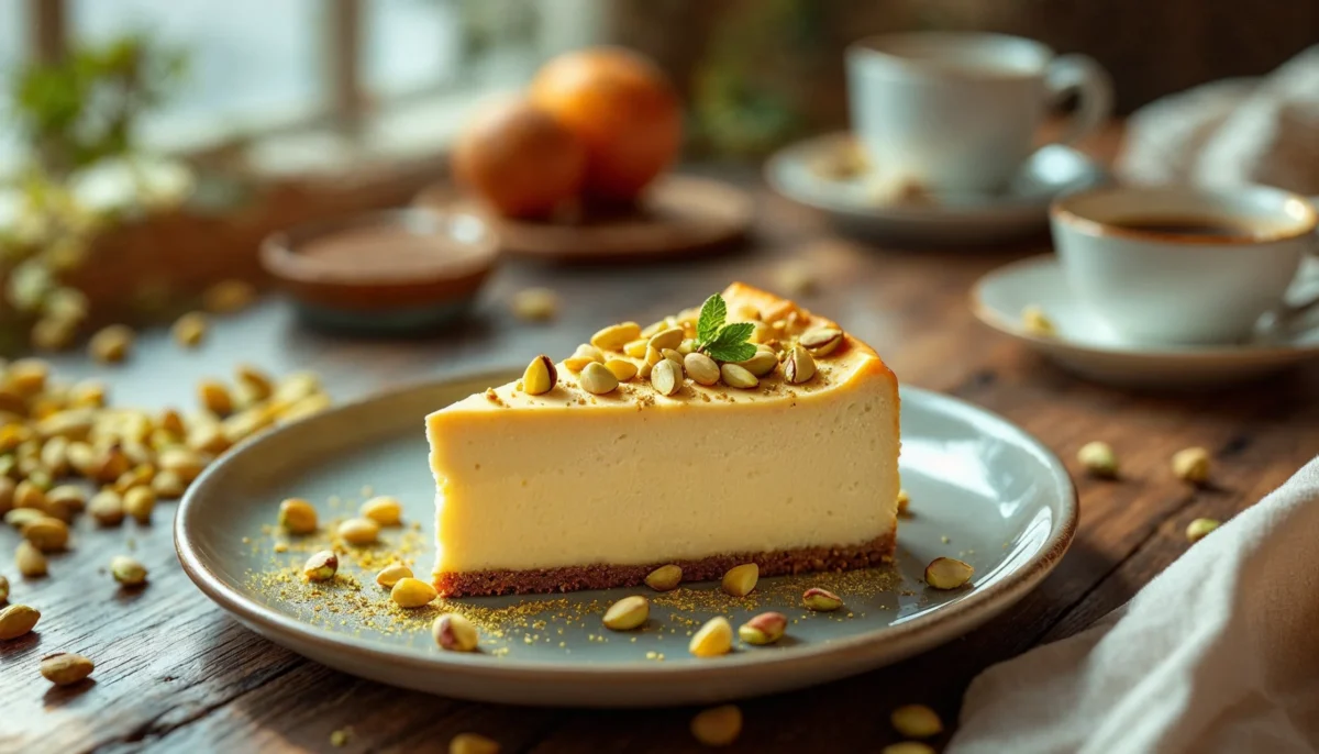 Delicious homemade creamy pistachio cheesecake on a rustic table, showcasing the perfect Taste of Home recipe for dessert lovers.