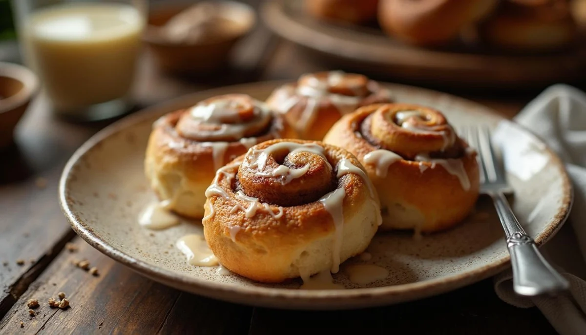 A plate of golden-brown sourdough cinnamon rolls topped with creamy icing.