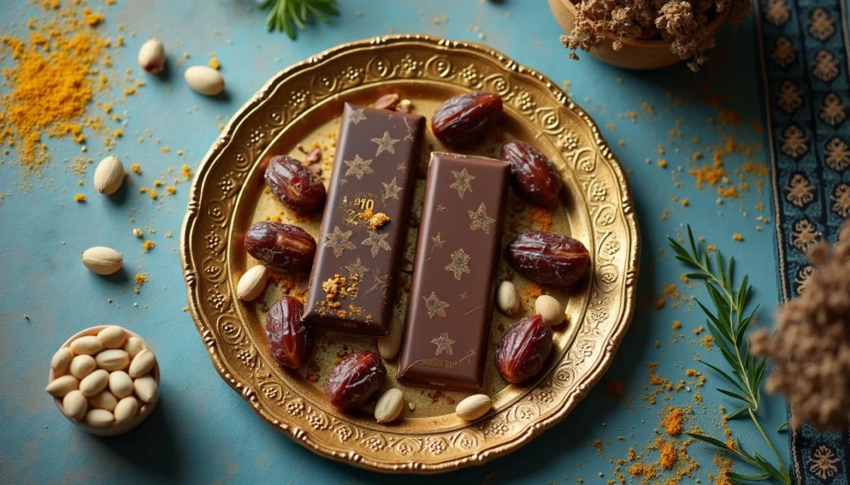 Luxurious Dubai chocolate bars garnished with pistachios, saffron, and dates on a gold tray.